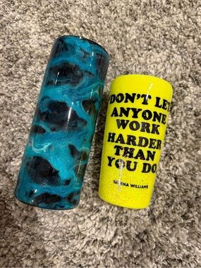 Blue Swirl Decorative Tumbler and Yellow Motivational Cup Set epoxy